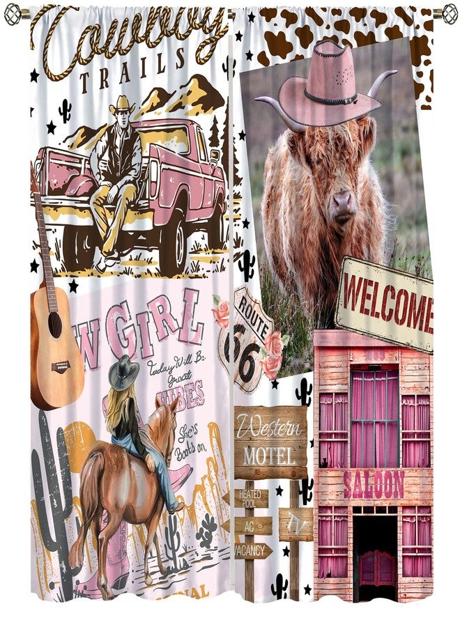 AAVEUP Cowboy Curtains for Kids,Rural Pink Western Desert Highland Cow Railway Cactus Cowboy Women Guitar Window Drapes Print for Girls Bedroom Living Room 42x45in（No Blackout） - Image 1